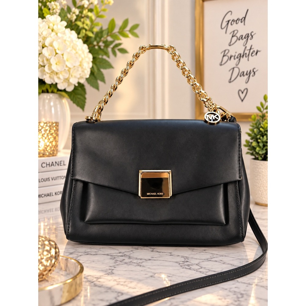 Michael Kors Lita Medium Leather Crossbody Bag Black Gold Chain Handle